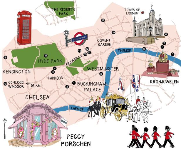 Eine illustrierte Karte von London mit Sehenswürdigkeiten wie dem Buckingham Palace und dem Tower of London.