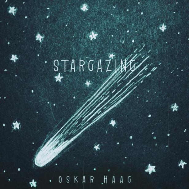 Eine Zeichnung von Sternen, einem Kometen und dem Schriftzug „Stargazing“ von Oskar Haag.
