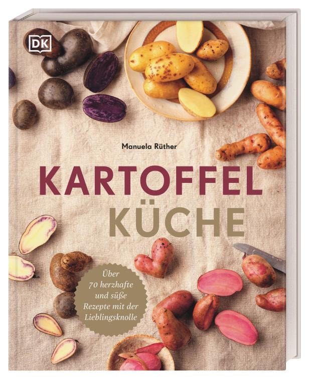 Das Cover des Buches „Kartoffelküche“ von Manuela Rüther mit verschiedenen Kartoffelsorten.