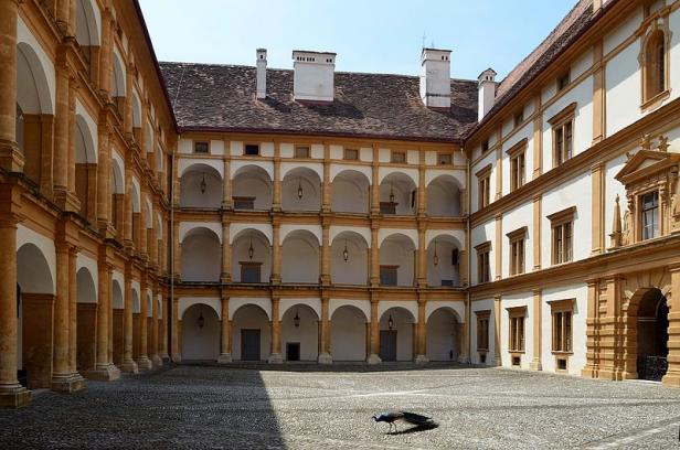 Ein Pfau spaziert durch den Innenhof von Schloss Eggenberg in Graz.
