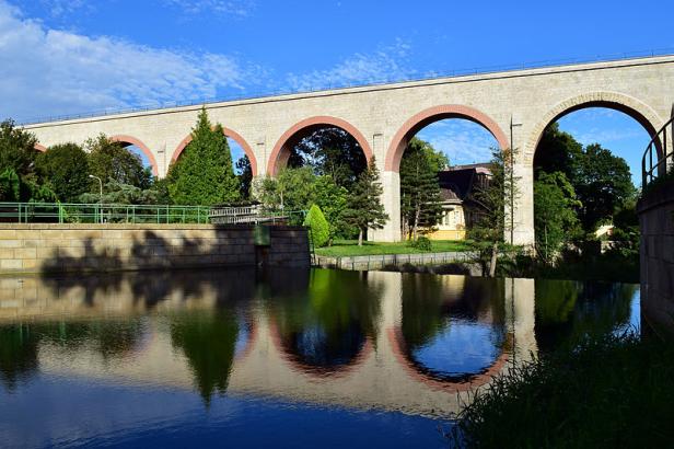 Eine Steinbogenbrücke spiegelt sich im ruhigen Wasser eines Flusses.
