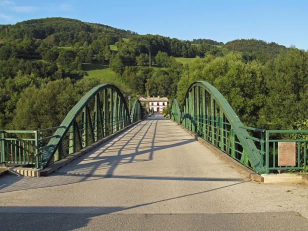 Eine grüne Stahlbrücke führt über einen Fluss in einer bewaldeten Landschaft.