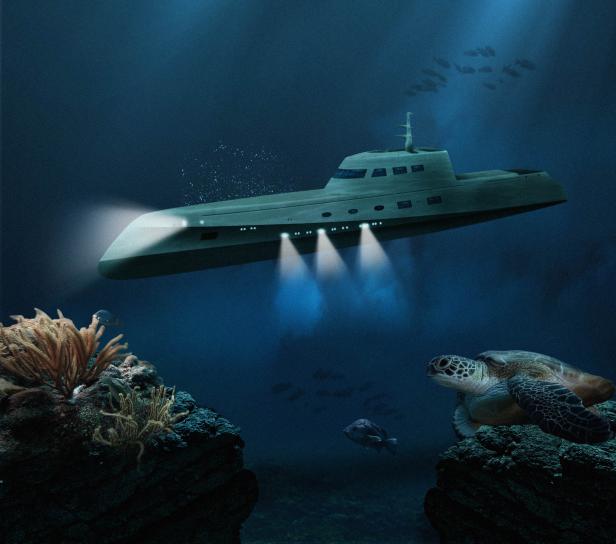 Ein U-Boot fährt mit eingeschalteten Scheinwerfern durch eine Unterwasserlandschaft mit Korallen und einer Schildkröte.