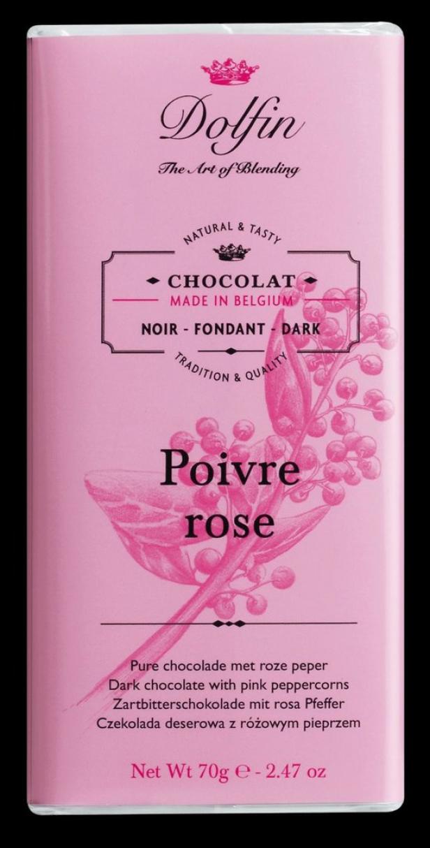 Eine Tafel Zartbitterschokolade „Poivre Rose“ von Dolfin mit rosa Pfeffer.