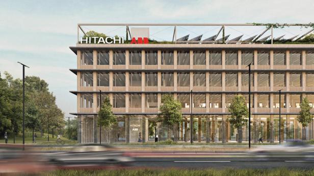 Das Hitachi ABB Gebäude in Columbus mit begrüntem Dach und Solaranlagen.