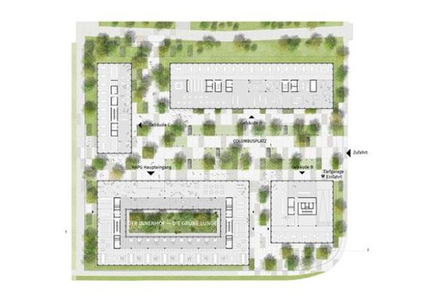 Ein Übersichtsplan des Hitachi Columbus Campus mit Gebäuden und Grünflächen.