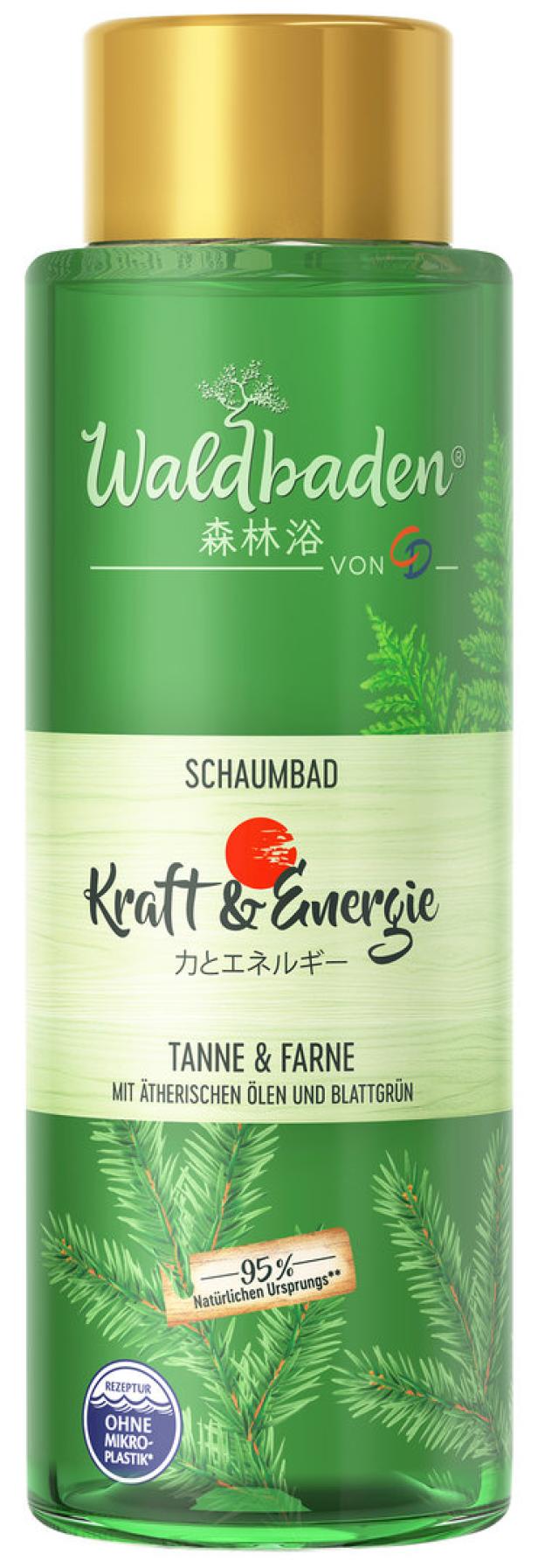 Eine grüne Flasche Waldbaden Schaumbad mit Tannen- und Farnextrakten.