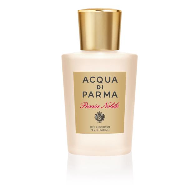 Eine Flasche „Acqua di Parma Peonia Nobile“ Duschgel vor einem weißen Hintergrund.