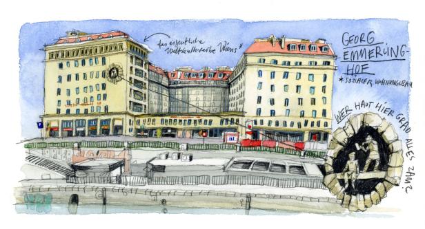 Eine Aquarellzeichnung des Georg-Emmerling-Hofs in Wien, ein Beispiel für sozialen Wohnungsbau.