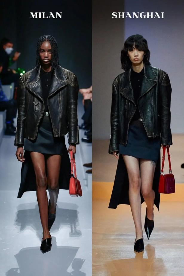 Zwei Models präsentieren auf dem Laufsteg ähnliche Outfits in Mailand und Shanghai.