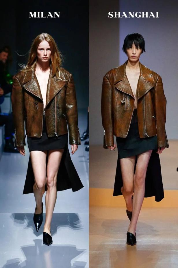 Zwei Models präsentieren braune Lederjacken und schwarze Röcke auf Laufstegen in Mailand und Shanghai.