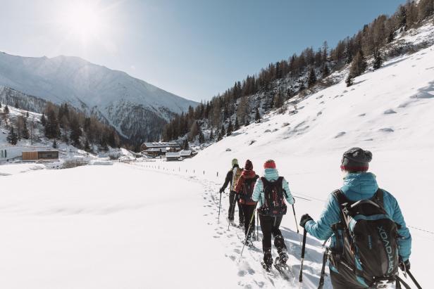 Eine Gruppe von Personen wandert mit Schneeschuhen durch eine verschneite Winterlandschaft.