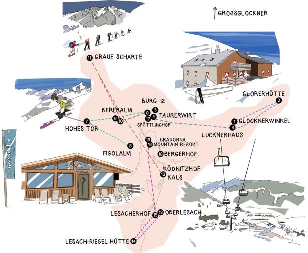 Eine illustrierte Karte des Skigebiets Großglockner mit verschiedenen Hütten und Pisten.