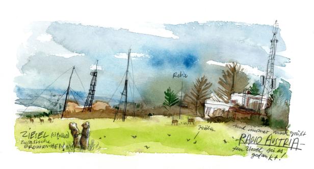 Aquarellzeichnung einer Landschaft mit Sendemasten, Zieseln und Rehen im Vordergrund.