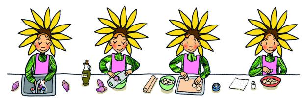 Eine Person mit Sonnenblumenkopf bereitet Teig in verschiedenen Schritten zu.