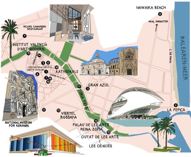 Eine illustrierte Karte von Valencia, die Sehenswürdigkeiten und Viertel hervorhebt.