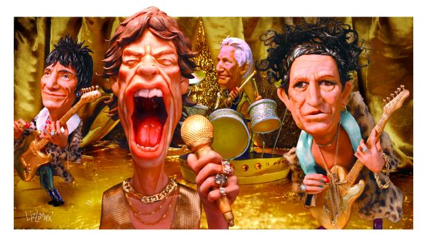 Eine Karikatur der Rolling Stones mit Mick Jagger am Mikrofon, Keith Richards mit Gitarre und Charlie Watts am Schlagzeug.