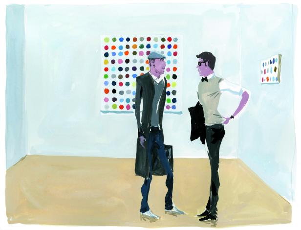 Zwei Männer unterhalten sich in einer Kunstgalerie vor einem bunten Punktbild.