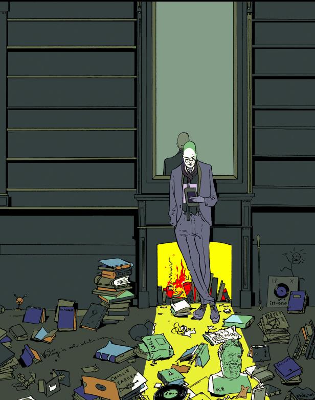 Ein Mann mit Brille liest vor einem Kamin, umgeben von Büchern und Schallplatten.