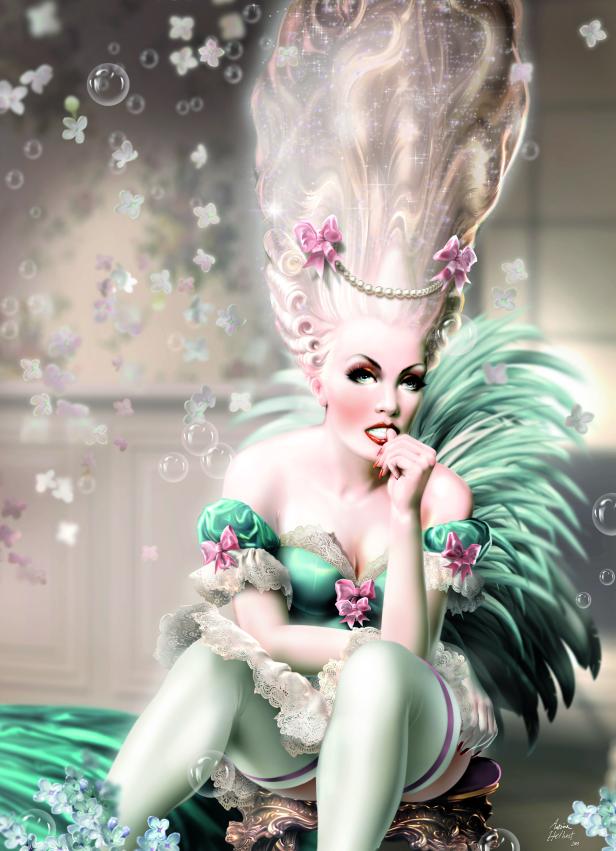 Eine Frau im Rokoko-Stil mit hochgesteckter Frisur und blauem Kleid sitzt auf einem goldenen Stuhl.