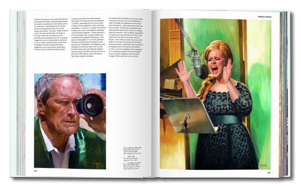 Ein Gemälde von Adele, die in einem Aufnahmestudio singt.