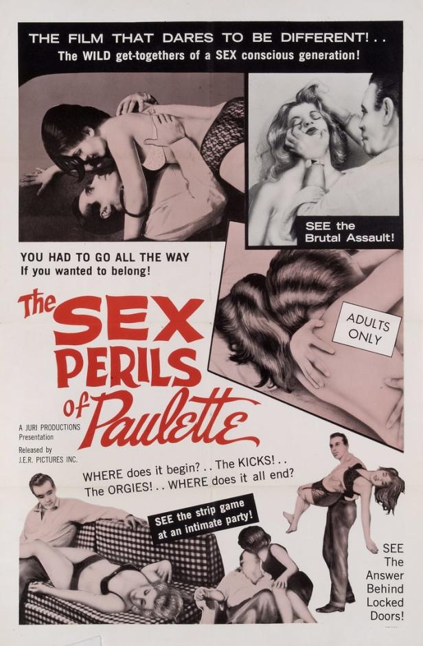 Das Filmplakat für „The Sex Perils of Paulette“ zeigt mehrere erotische Szenen.