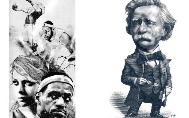 Eine Schwarz-Weiß-Illustration mit Porträts von Sportlern und einer Karikatur eines Mannes.