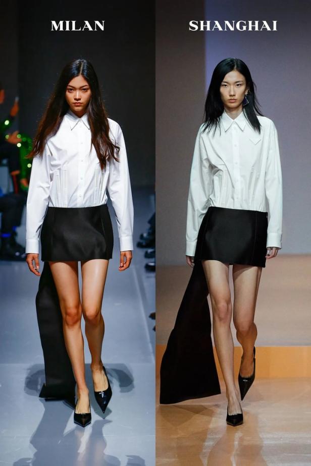Zwei Models präsentieren ähnliche Outfits auf Laufstegen in Mailand und Shanghai.