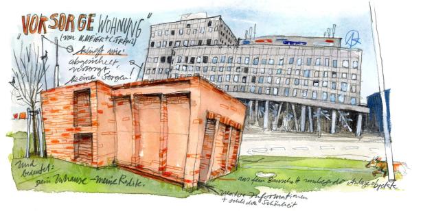 Eine Aquarellzeichnung eines unfertigen Backsteingebäudes vor einem Bürogebäude, betitelt „Vorsorgewohnung“.