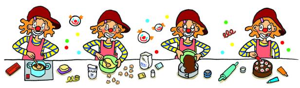 Ein Clown bereitet in vier Schritten einen Kuchen zu.