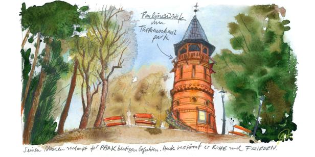 Aquarellmalerei des Paulinenturms im Türkenschanzpark.