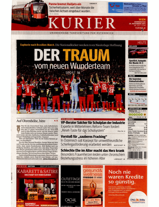 Titelseite des „Kurier“ vom 20. November 2014 mit Artikeln zu verschiedenen Themen.