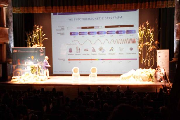 Eine Bühne mit einer Präsentation über das elektromagnetische Spektrum vor Publikum.