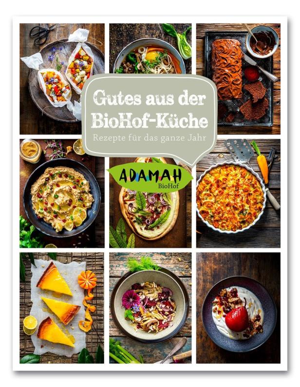 Collage mit verschiedenen Gerichten aus der BioHof-Küche von Adamah.