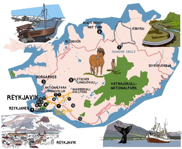 Eine illustrierte Karte von Island mit Sehenswürdigkeiten wie Reykjavik, dem Golden Circle und dem Vatnajökull-Nationalpark.