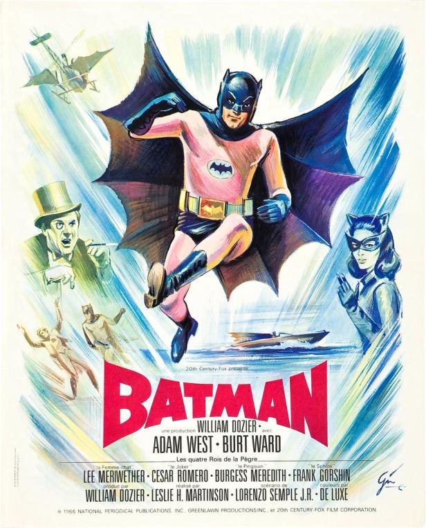 Das Filmplakat für „Batman“ mit Adam West, Burt Ward, Lee Meriwether, Cesar Romero und Burgess Meredith.