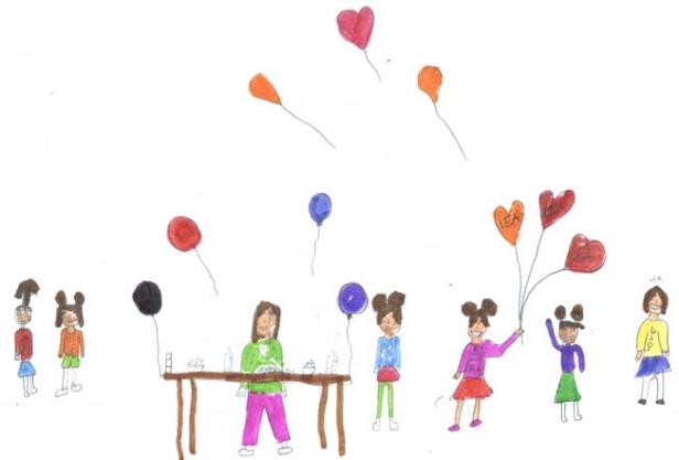 Eine Kinderzeichnung zeigt eine Party mit Mädchen, Ballons und einem Tisch mit Essen.