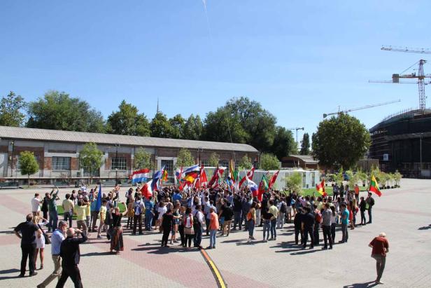 Eine große Gruppe von Menschen steht im Freien und schwenkt verschiedene Nationalflaggen.