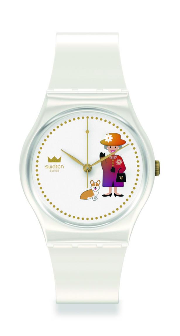 Eine Swatch-Uhr mit einer Illustration von Königin Elizabeth II. und einem Corgi auf dem Zifferblatt.