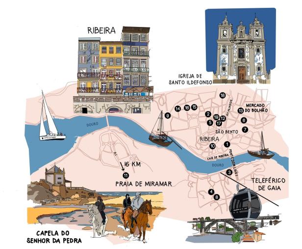 Eine illustrierte Karte von Porto, Portugal, mit Sehenswürdigkeiten wie Ribeira und der Capela do Senhor da Pedra.