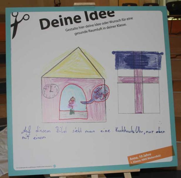 Eine Kinderzeichnung zeigt eine Kuckucksuhr und ein Fenster mit der Aufschrift „Deine Idee“.