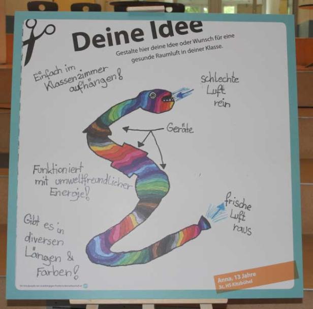 Eine Zeichnung zeigt eine farbenfrohe Schlange, die schlechte Luft reinigt und frische Luft ausgibt, eine Idee von Anna, 13 Jahre.