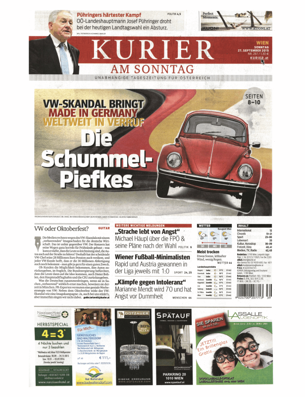 Titelseite des „Kurier am Sonntag“ vom 27. September 2015 mit dem Titel „VW-Skandal bringt Made in Germany weltweit in Verruf“.