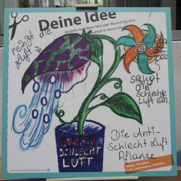 Eine Kinderzeichnung einer „Anti-Schlecht-Luft-Pflanze“ in einem blauen Topf.