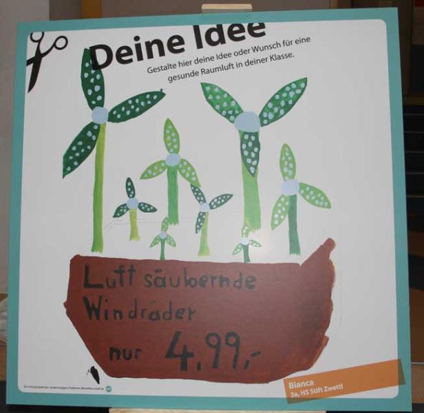 Ein Plakat mit der Aufschrift „Deine Idee“ und einer Zeichnung von Windrädern für 4,99 Euro.