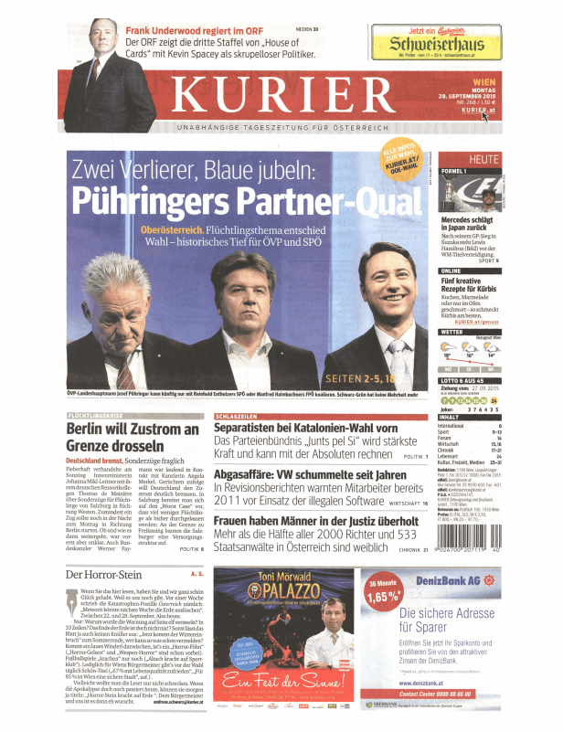 Titelseite des Kurier vom 28. September 2015 mit Nachrichten und Anzeigen.
