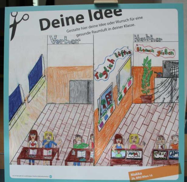 Eine gezeichnete Darstellung eines Klassenzimmers vor und nach Verbesserungen der Raumluftqualität.