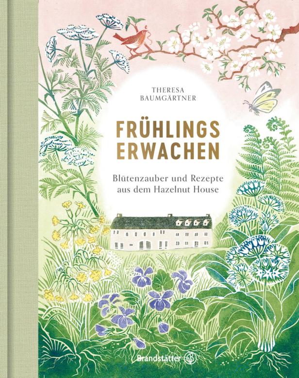 Das Cover des Buches „Frühlingserwachen“ von Theresa Baumgartner zeigt eine idyllische Frühlingsszene mit Blumen und einem Haus.