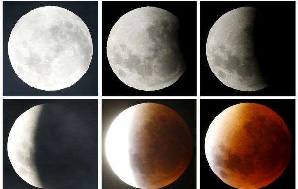 Eine Reihe von Bildern, die verschiedene Phasen einer Mondfinsternis zeigen.