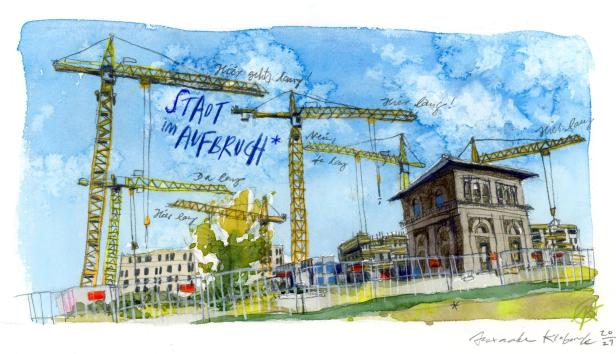 Aquarellzeichnung einer Baustelle mit mehreren Kränen und dem Schriftzug „Stadt im Aufbruch“.